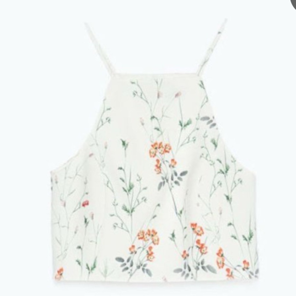 ZARA GREEN & CREAM FLORAL RACER BACK STYLE A-LINE TANK OVERLAP AT REAR SZ  MED
